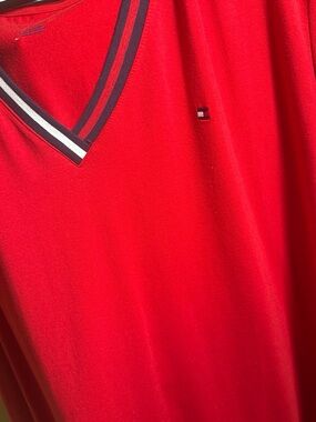 Tommy Hilfiger Red V-Neck Dress with Navy Trim